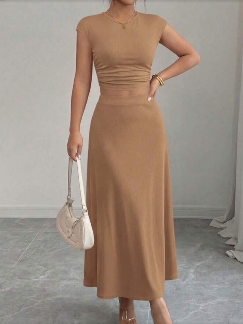 Khaki  Ribbed A-Line Maxi Skirt and Crop To Set